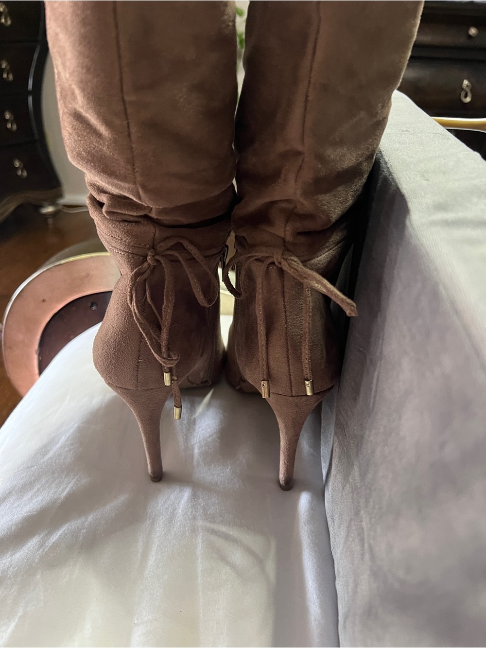 Women's Taupe Suede High-Heel Slouch Boots - Picture 3 of 3